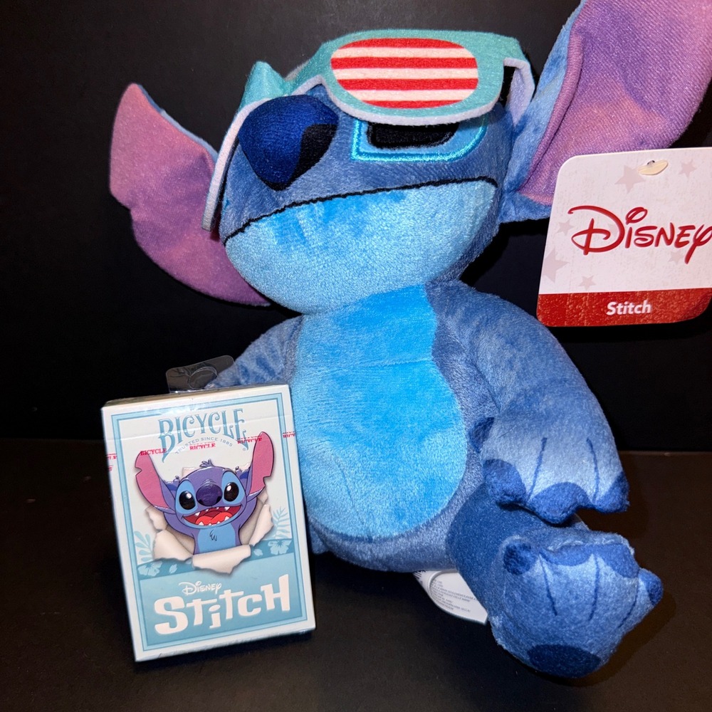 Disney Stitch Plush & Bicycle Playing Cards Set NEW Patriotic USA Sunglasses